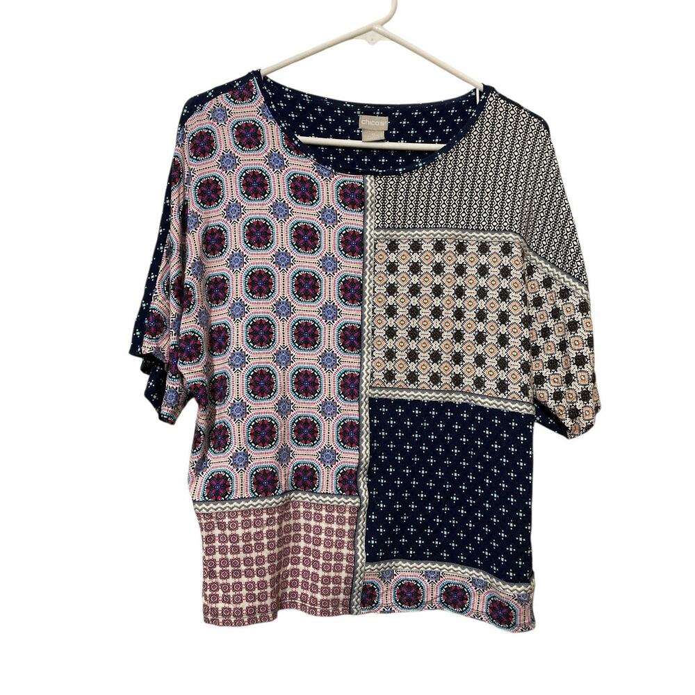 Chico’s Top Women's Size Small (0) Blue‎ Purple White Patchwork Print